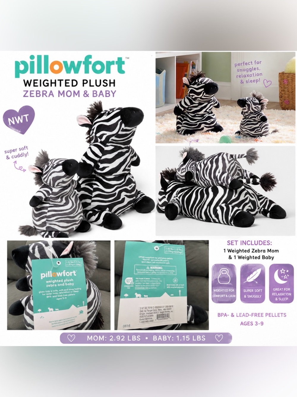 Pillowfort Weighted Plush Zebra Mom & Baby Set – NWT – Target